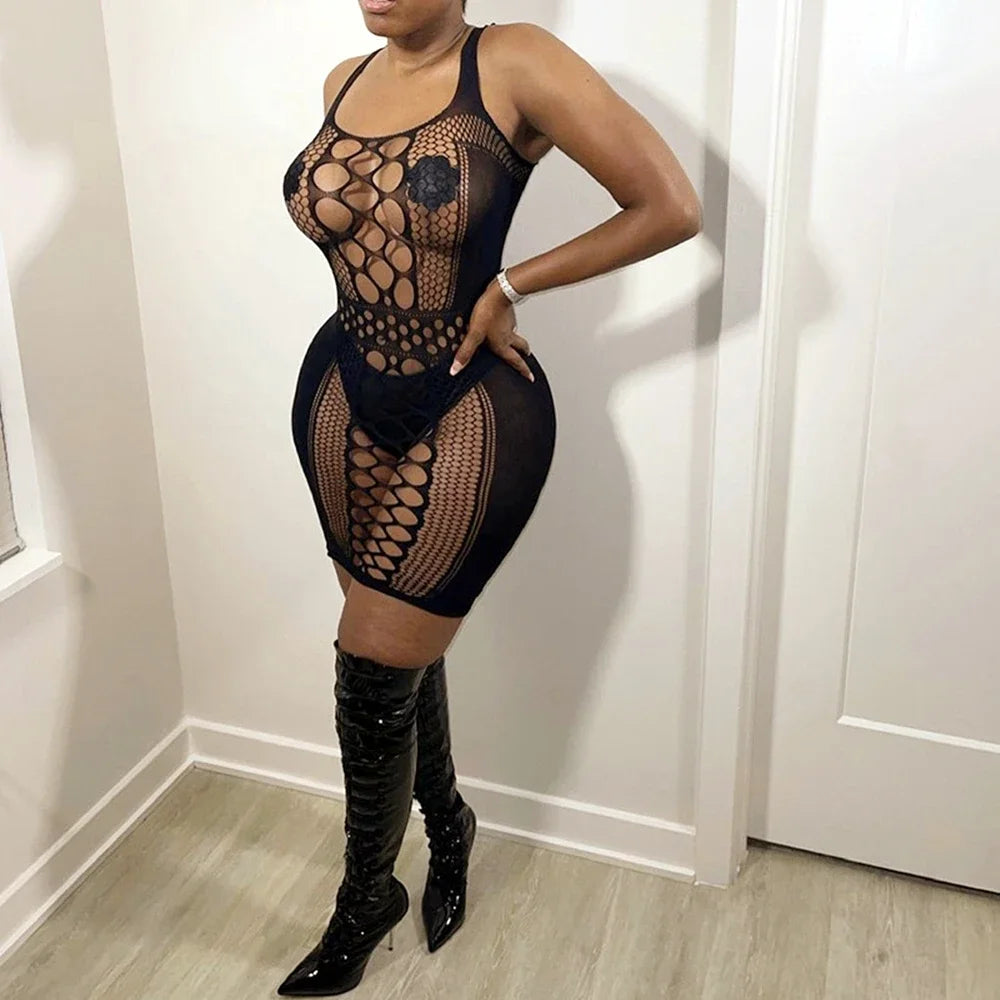 Sexy Women Elastic Lingerie Bodystocking Fishnet Hollow Dress Bodysuit Nightwear Bikini Cover Up Night Club Fantasy Erotic Wear