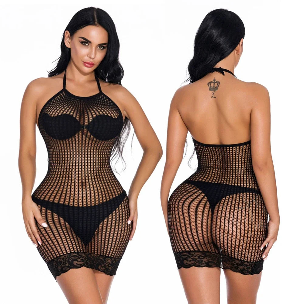 Sexy Women Elastic Lingerie Bodystocking Fishnet Hollow Dress Bodysuit Nightwear Bikini Cover Up Night Club Fantasy Erotic Wear