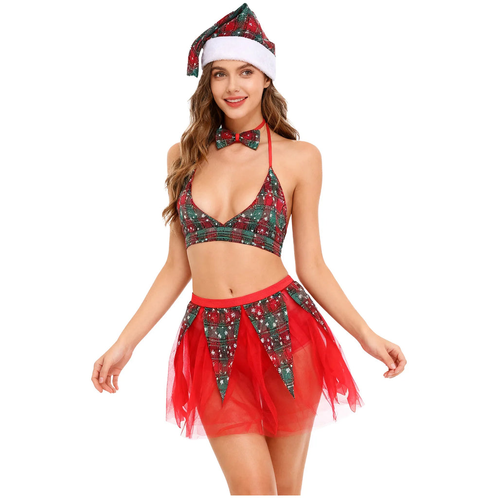 Womens Christmas Xmas Santa Claus Cosplay Lingerie Costume Set Halter Bra Top with Tulle Miniskirt Bowtie and Christmas Hat