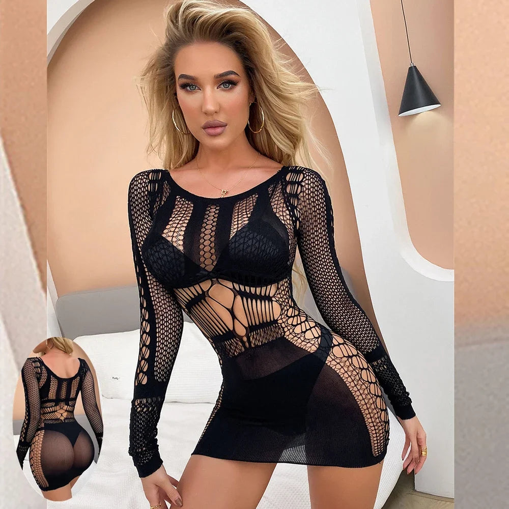 Sexy Women Elastic Lingerie Bodystocking Fishnet Hollow Dress Bodysuit Nightwear Bikini Cover Up Night Club Fantasy Erotic Wear