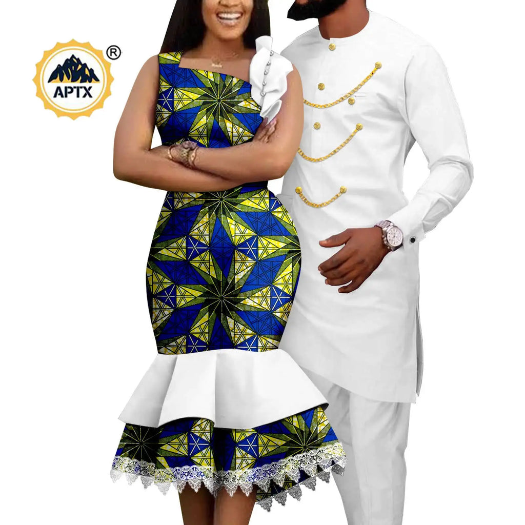 Dashiki African Slim Dresses for Women Matching Couple Outfits Men Chain Shirts and Pants Sets Wedding Party Clothes Y23C039