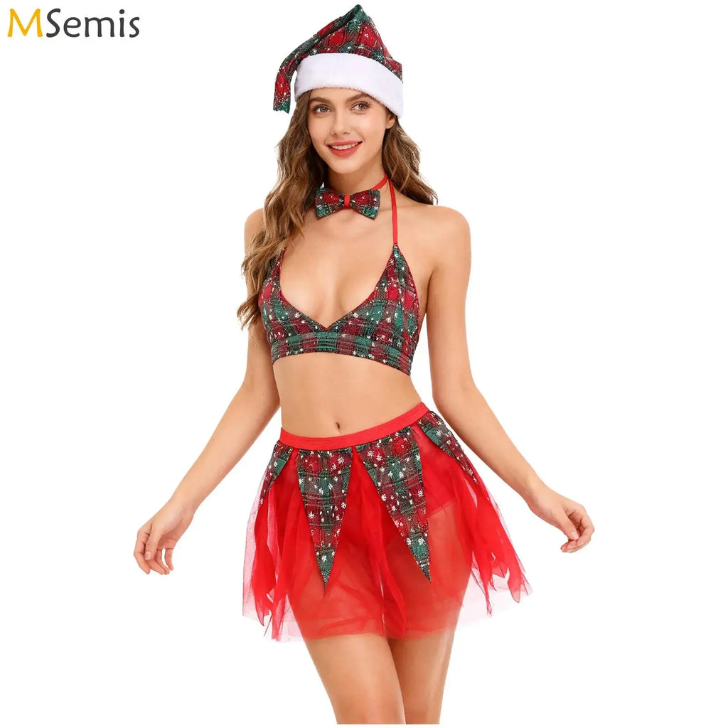Womens Christmas Xmas Santa Claus Cosplay Lingerie Costume Set Halter Bra Top with Tulle Miniskirt Bowtie and Christmas Hat