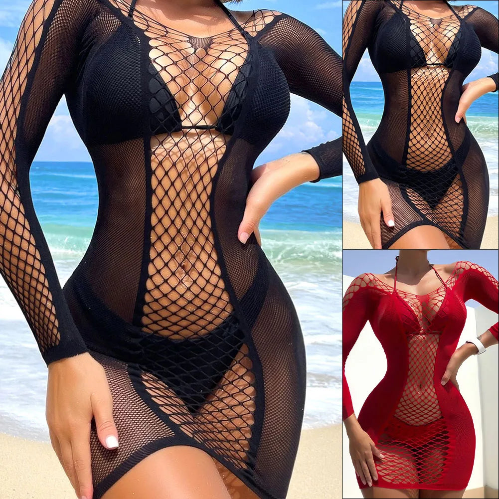 Sexy Women Elastic Lingerie Bodystocking Fishnet Hollow Dress Bodysuit Nightwear Bikini Cover Up Night Club Fantasy Erotic Wear