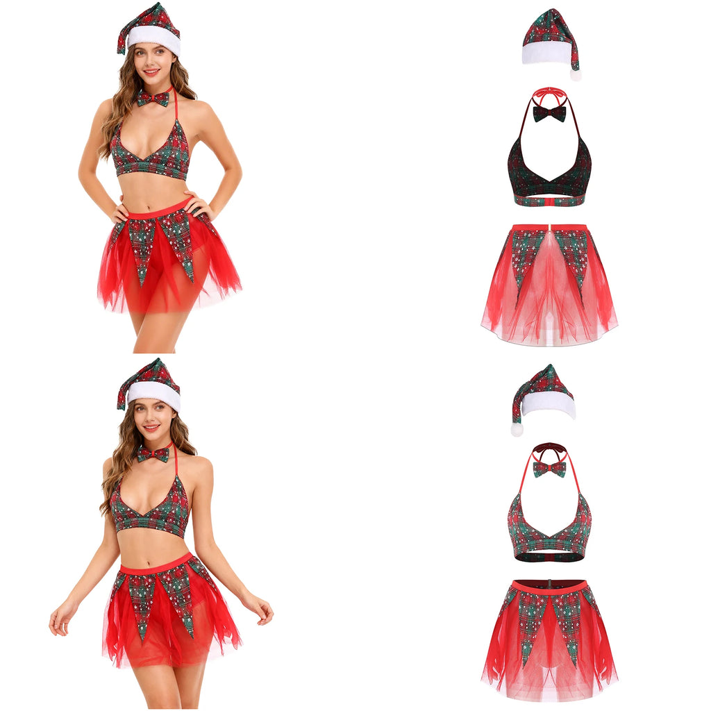 Womens Christmas Xmas Santa Claus Cosplay Lingerie Costume Set Halter Bra Top with Tulle Miniskirt Bowtie and Christmas Hat