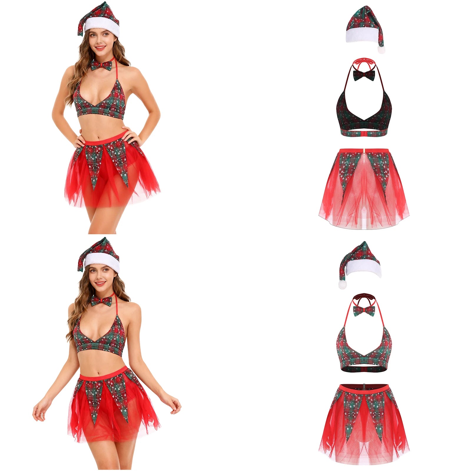Womens Christmas Xmas Santa Claus Cosplay Lingerie Costume Set Halter Bra Top with Tulle Miniskirt Bowtie and Christmas Hat