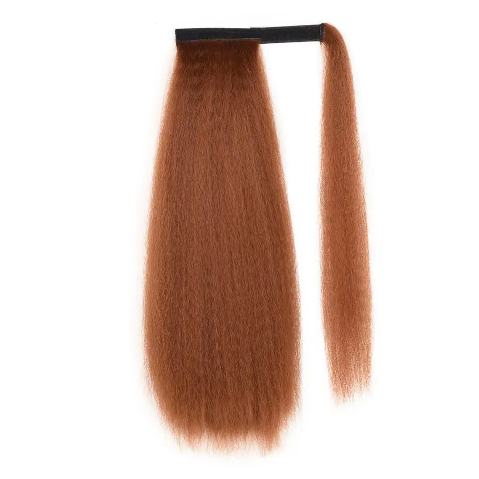 Synthetic Long Kinky Straight Ponytail Extension for Black Women Yaki Wrap Arpund Hair 24 Inch Clip in Magic Paste Black Tail