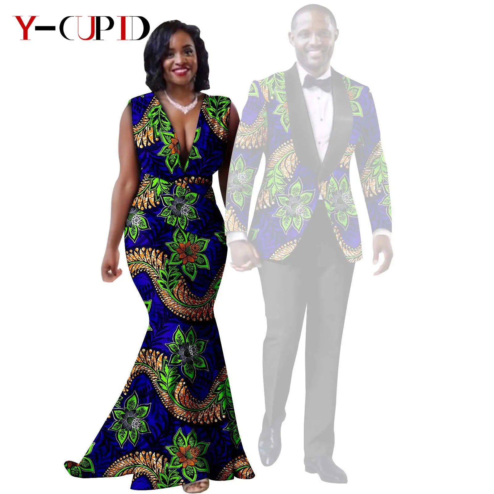 African Print Long Mermaid Dresses for Women Matching Couple Clothes Men Suits Top and Pant Sets Dashiki Party Wedding 25C005