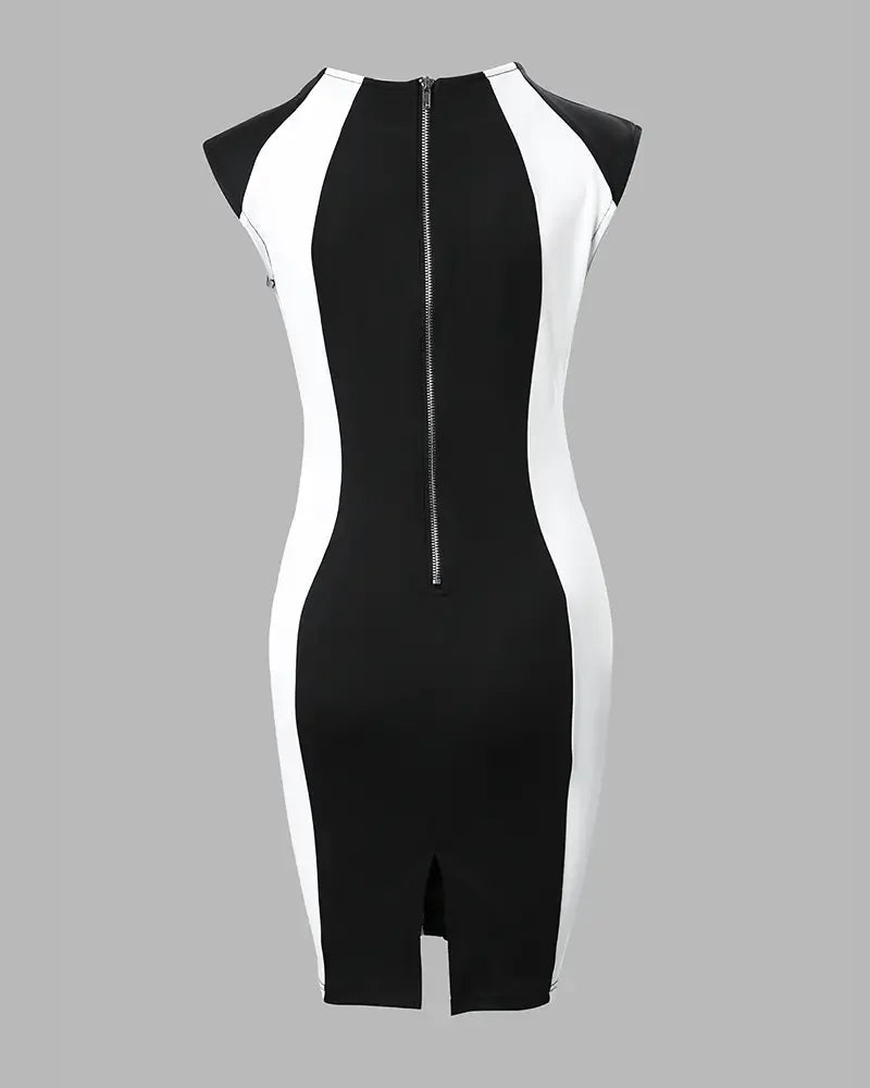 Elegant Women Party Club Dresses 2025 Summer Fashion Colorblock Round Neck  Bodycon Dress Sleeveless Casual Mini Black Dress