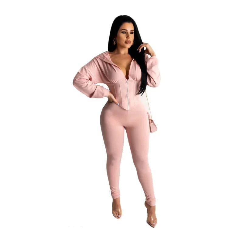 2024 European and American Women's Zippered Hooded Cardigan Pants Fashion Sports Set