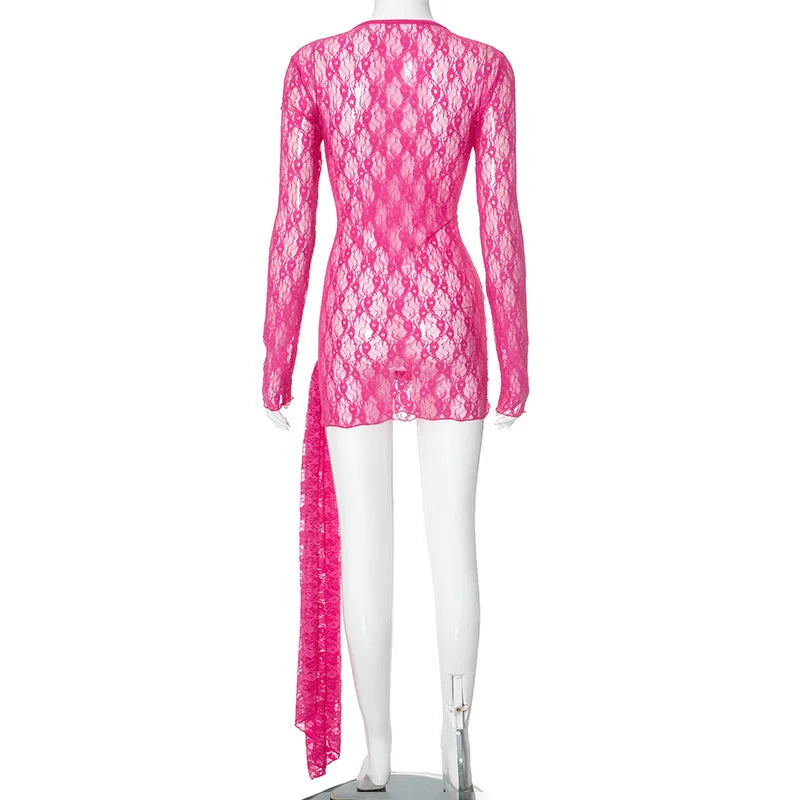 See Through Lace Bodycon Dress For Women Streetwear Long Sleeve Sexi Night Dress Hot Club Outfits Tassels Vestidos De Mujer