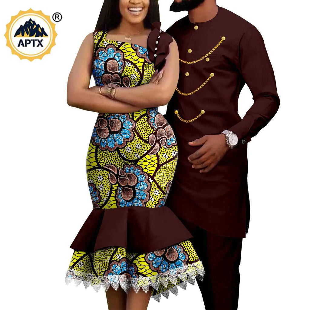 Dashiki African Slim Dresses for Women Matching Couple Outfits Men Chain Shirts and Pants Sets Wedding Party Clothes Y23C039