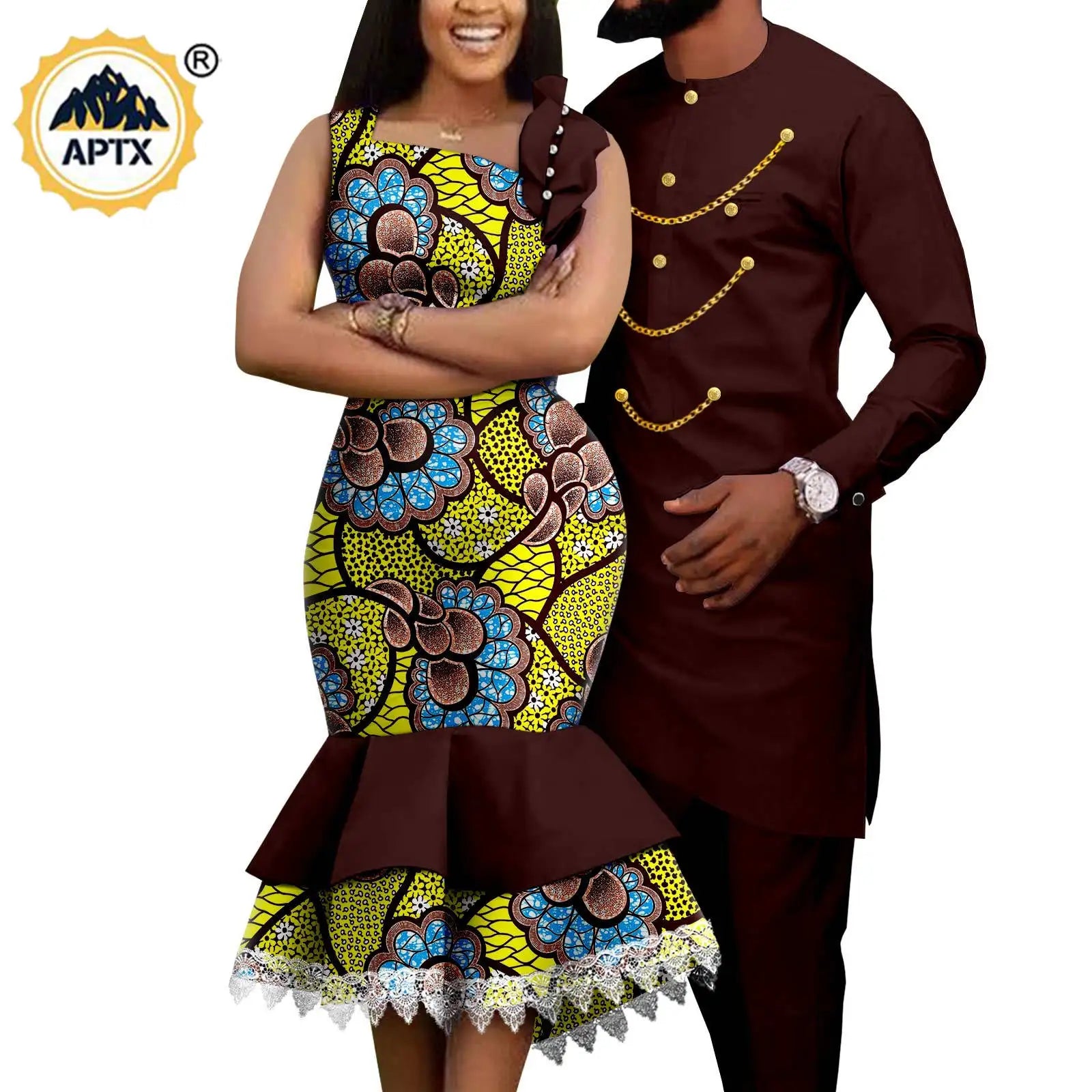Dashiki African Slim Dresses for Women Matching Couple Outfits Men Chain Shirts and Pants Sets Wedding Party Clothes Y23C039