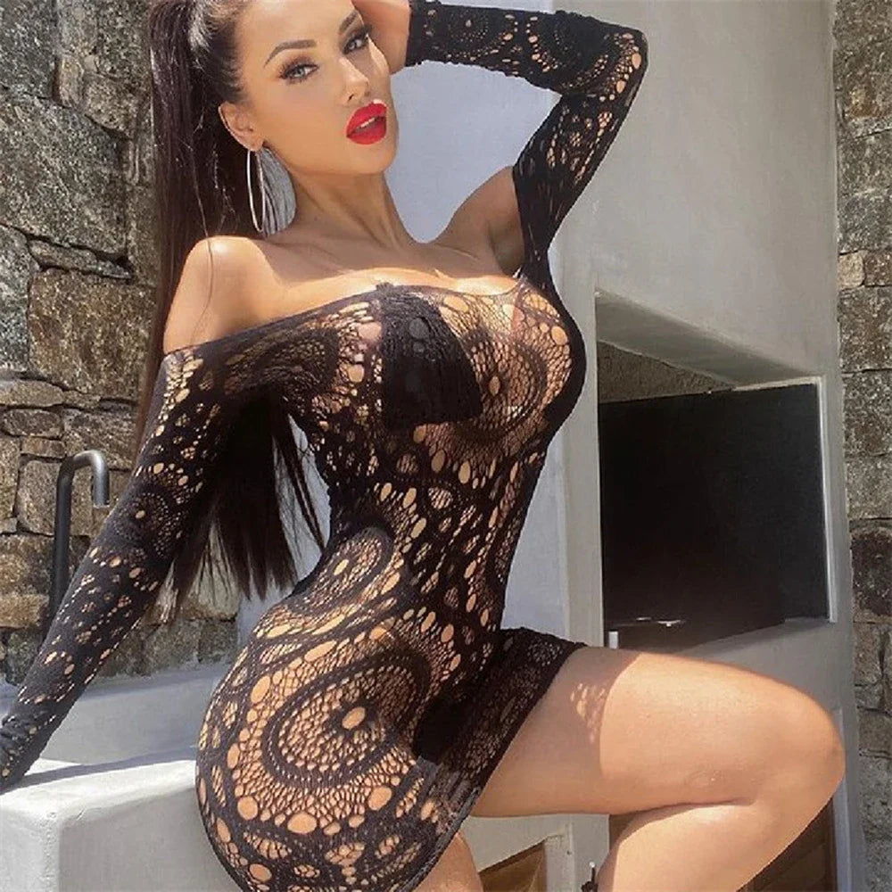Sexy Women Elastic Lingerie Bodystocking Fishnet Hollow Dress Bodysuit Nightwear Bikini Cover Up Night Club Fantasy Erotic Wear
