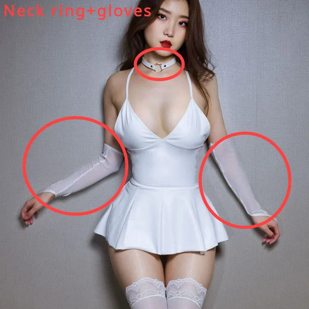 Women Sexy Latex Daring Short Dress Sexy Lingerie PU Leather Erotic Lingerie Sling Dress Porno Bodysuit Women Club Wear Fetish