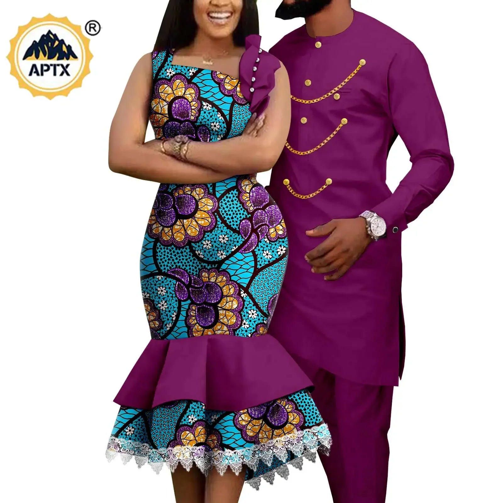Dashiki African Slim Dresses for Women Matching Couple Outfits Men Chain Shirts and Pants Sets Wedding Party Clothes Y23C039