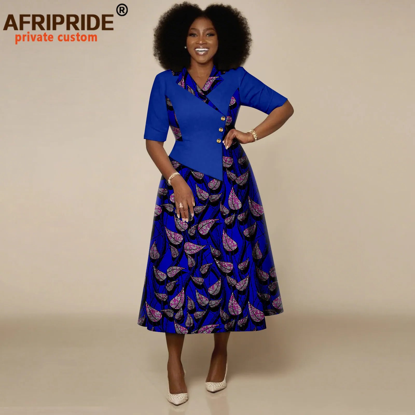 African Dresses for Women Half Sleeve High Waist Single Breasted Midi Dress Ankara Attire Print Party Outfits for Lady 2525132