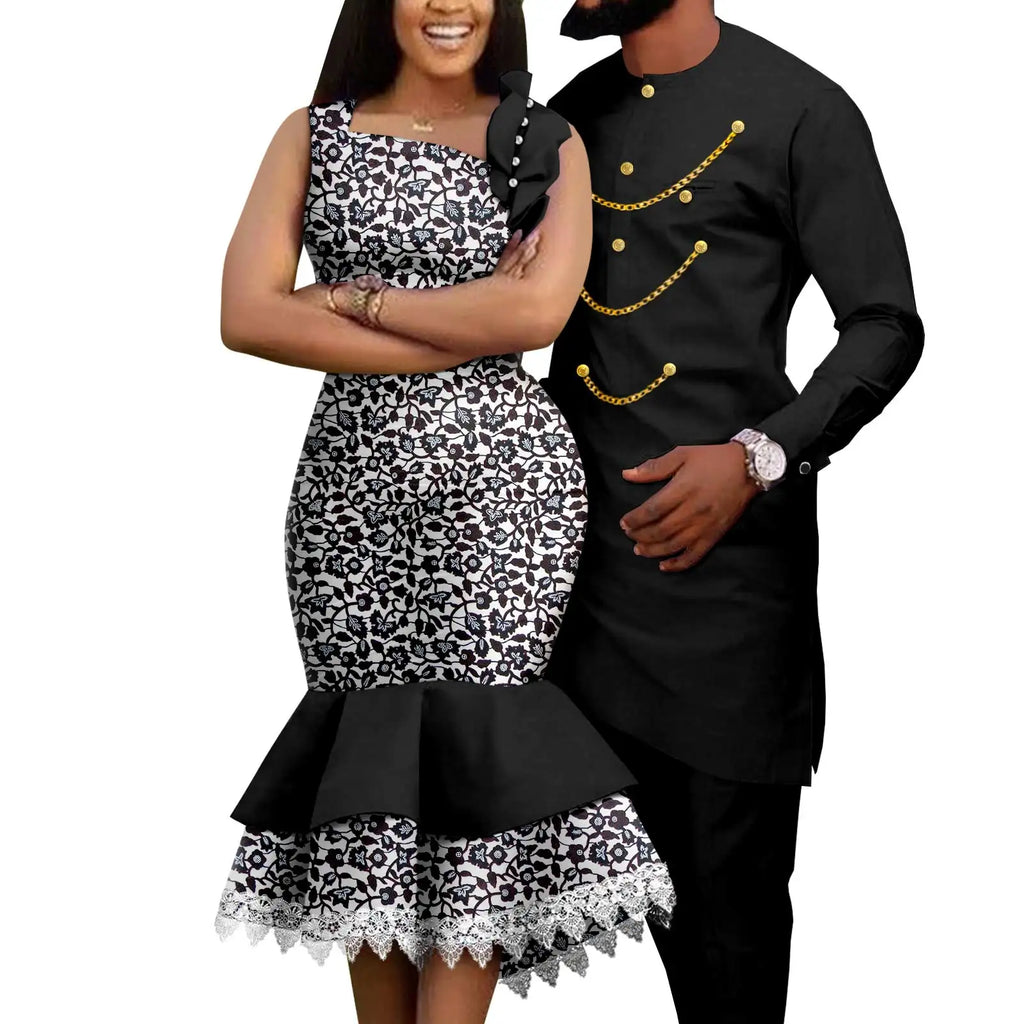 Dashiki African Slim Dresses for Women Matching Couple Outfits Men Chain Shirts and Pants Sets Wedding Party Clothes Y23C039