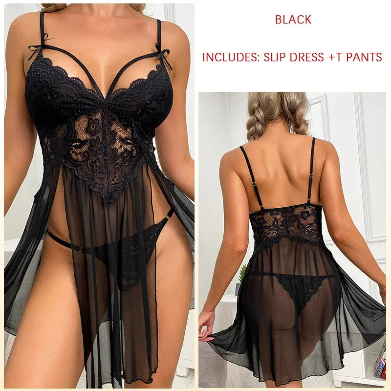 Sexy Woman Lingerie for Sex Bodysuit Underwear Erotic Nightdress Open Bra Lingerie Deep Backless Dress Transparent Lace Lingerie
