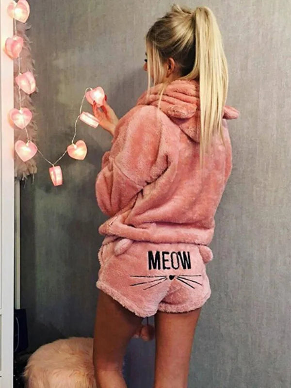 Women Coral Velvet Pajamas Set Autumn Winter Warm Pajamas Two Piece Set Sleepwear Cute Cat Meow Pattern Hoodies Shorts Set