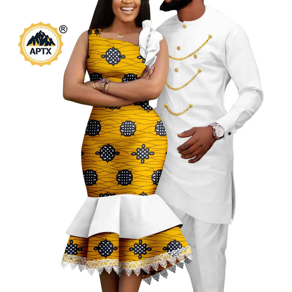 Dashiki African Slim Dresses for Women Matching Couple Outfits Men Chain Shirts and Pants Sets Wedding Party Clothes Y23C039