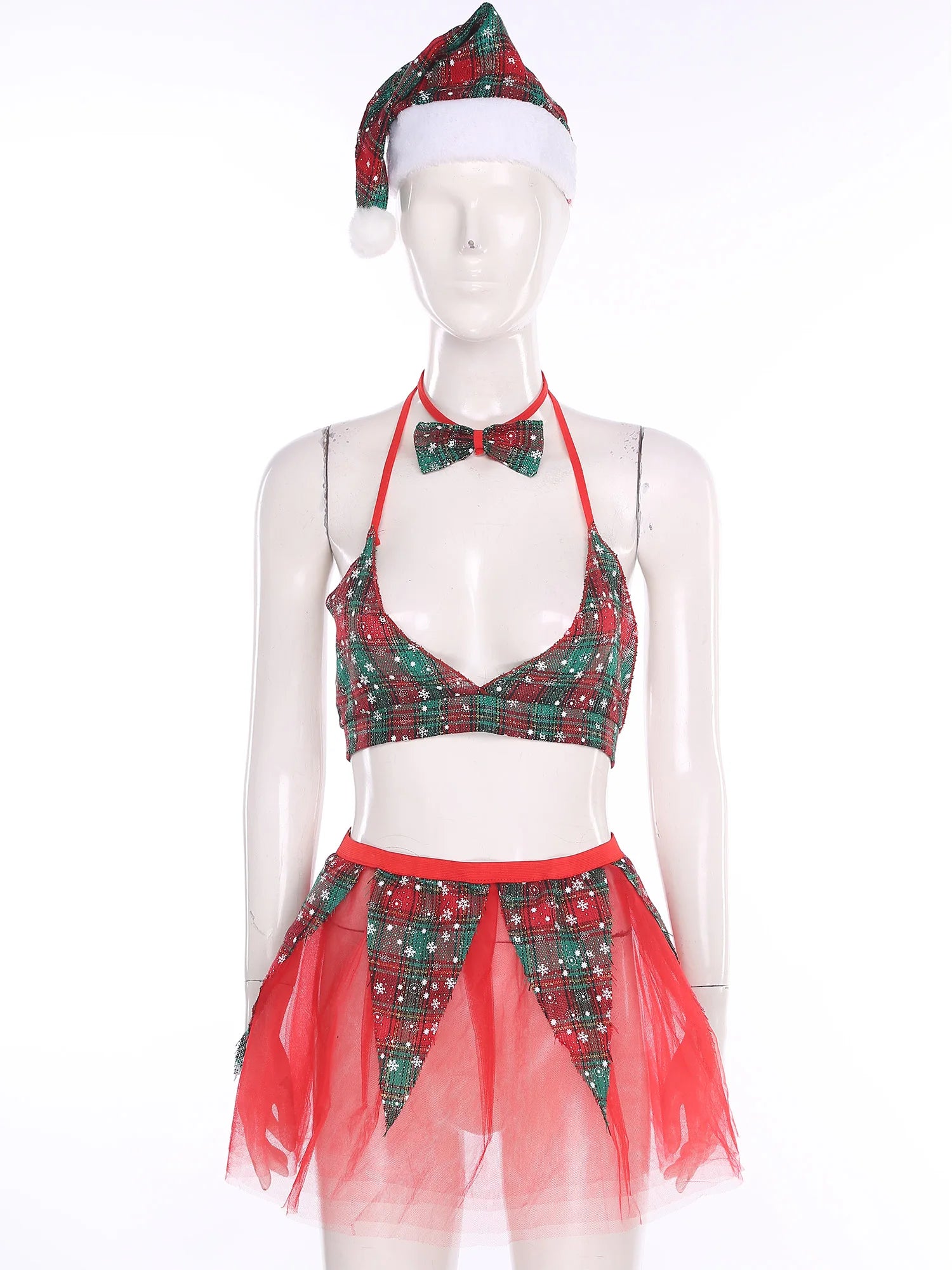 Womens Christmas Xmas Santa Claus Cosplay Lingerie Costume Set Halter Bra Top with Tulle Miniskirt Bowtie and Christmas Hat