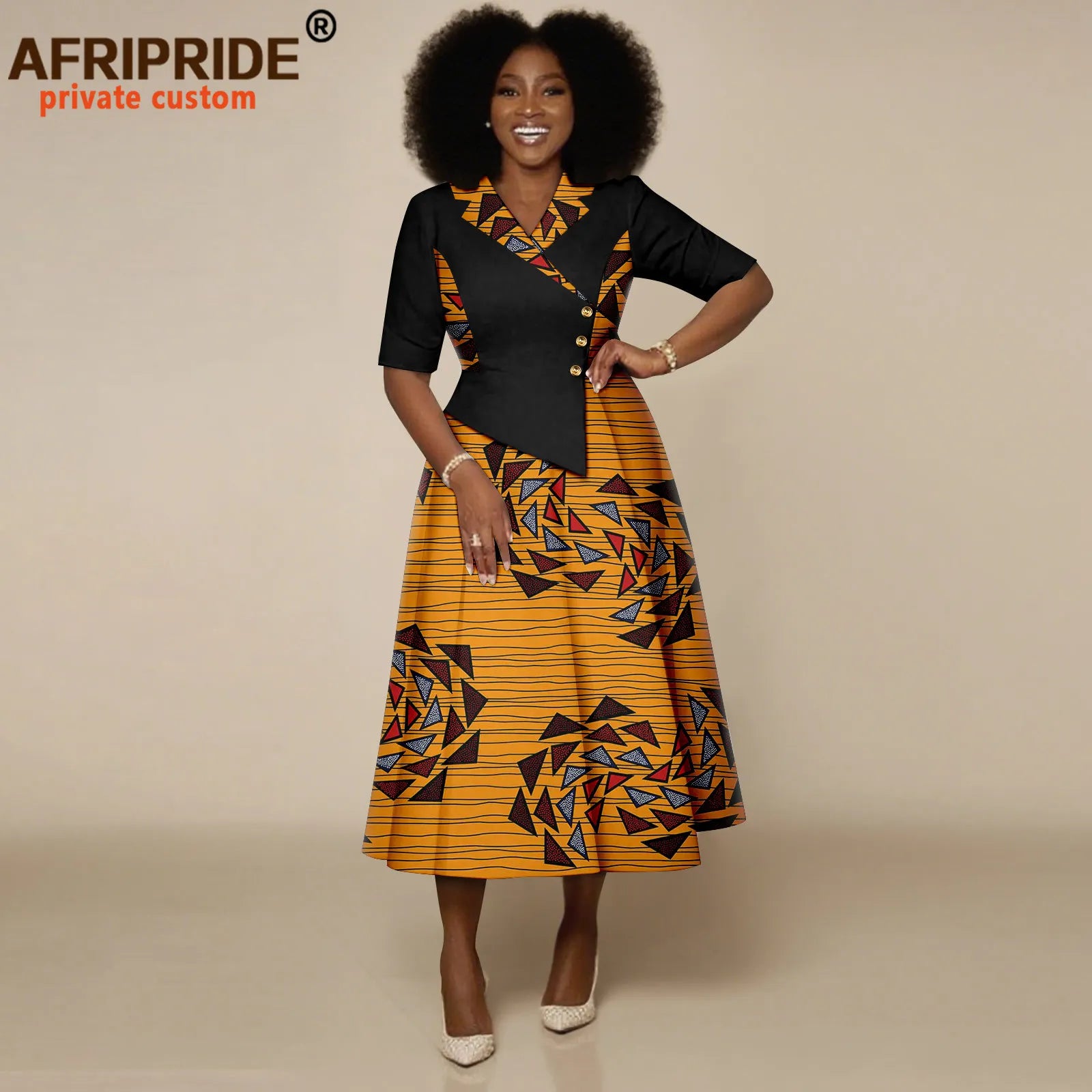 African Dresses for Women Half Sleeve High Waist Single Breasted Midi Dress Ankara Attire Print Party Outfits for Lady 2525132