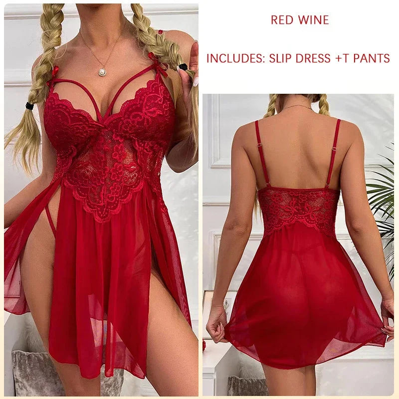 Sexy Woman Lingerie for Sex Bodysuit Underwear Erotic Nightdress Open Bra Lingerie Deep Backless Dress Transparent Lace Lingerie