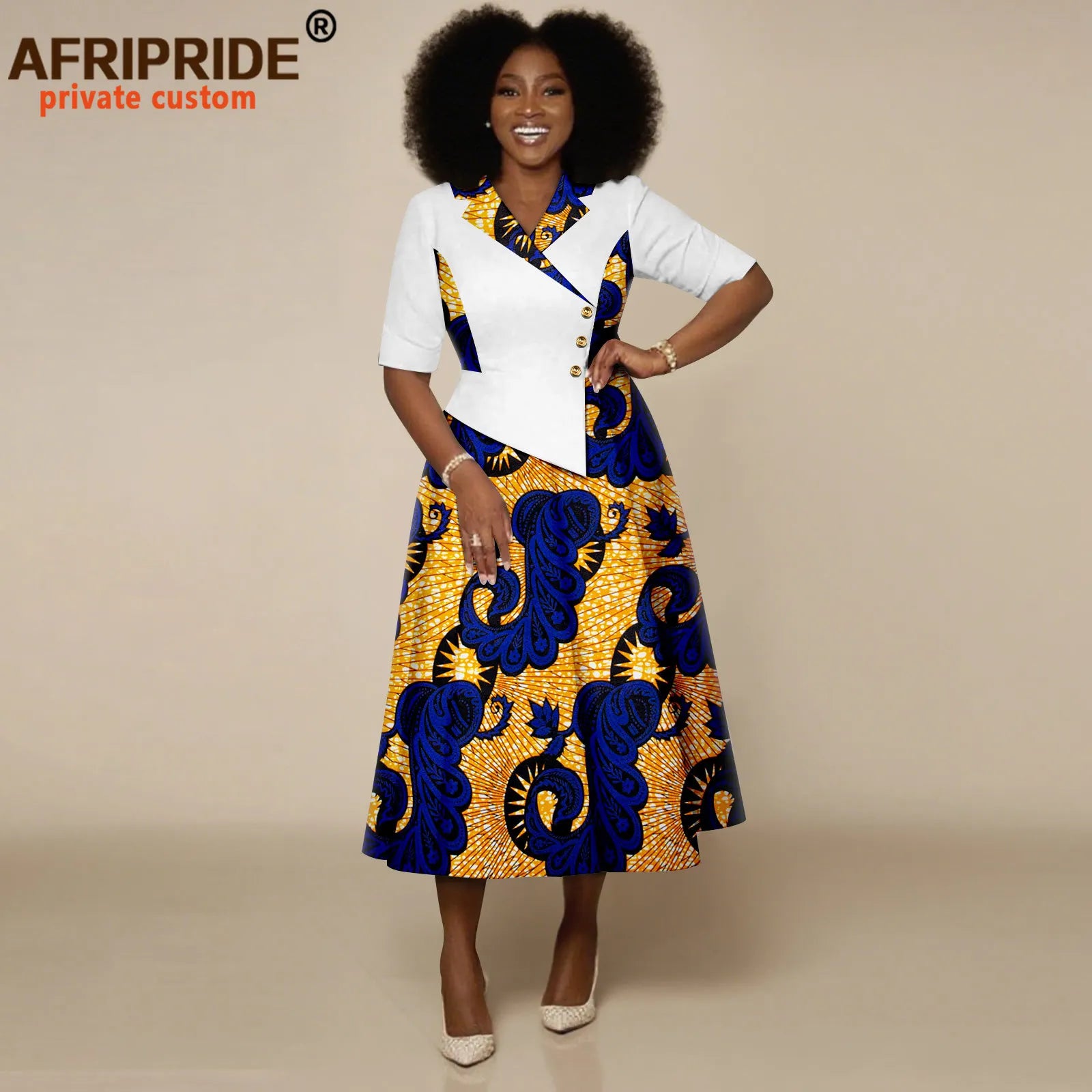 African Dresses for Women Half Sleeve High Waist Single Breasted Midi Dress Ankara Attire Print Party Outfits for Lady 2525132