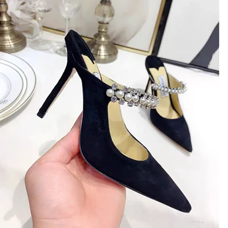 2025 new high heels patent leather pointed rhinestone fashion shoes