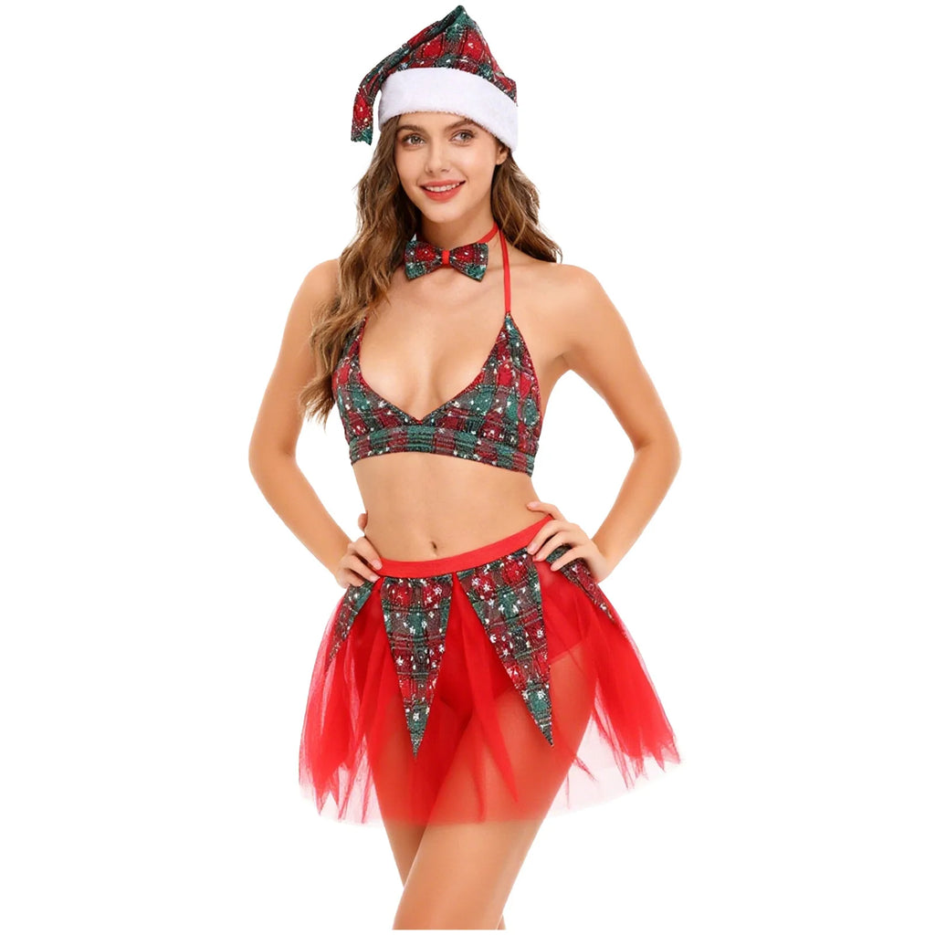 Womens Christmas Xmas Santa Claus Cosplay Lingerie Costume Set Halter Bra Top with Tulle Miniskirt Bowtie and Christmas Hat