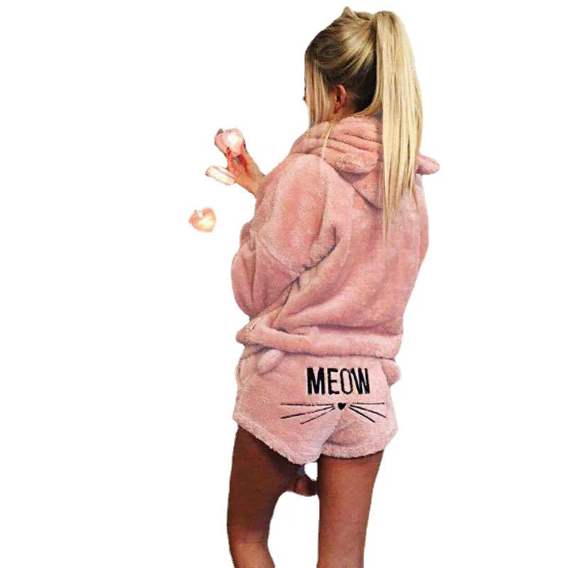 Women Coral Velvet Pajamas Set Autumn Winter Warm Pajamas Two Piece Set Sleepwear Cute Cat Meow Pattern Hoodies Shorts Set