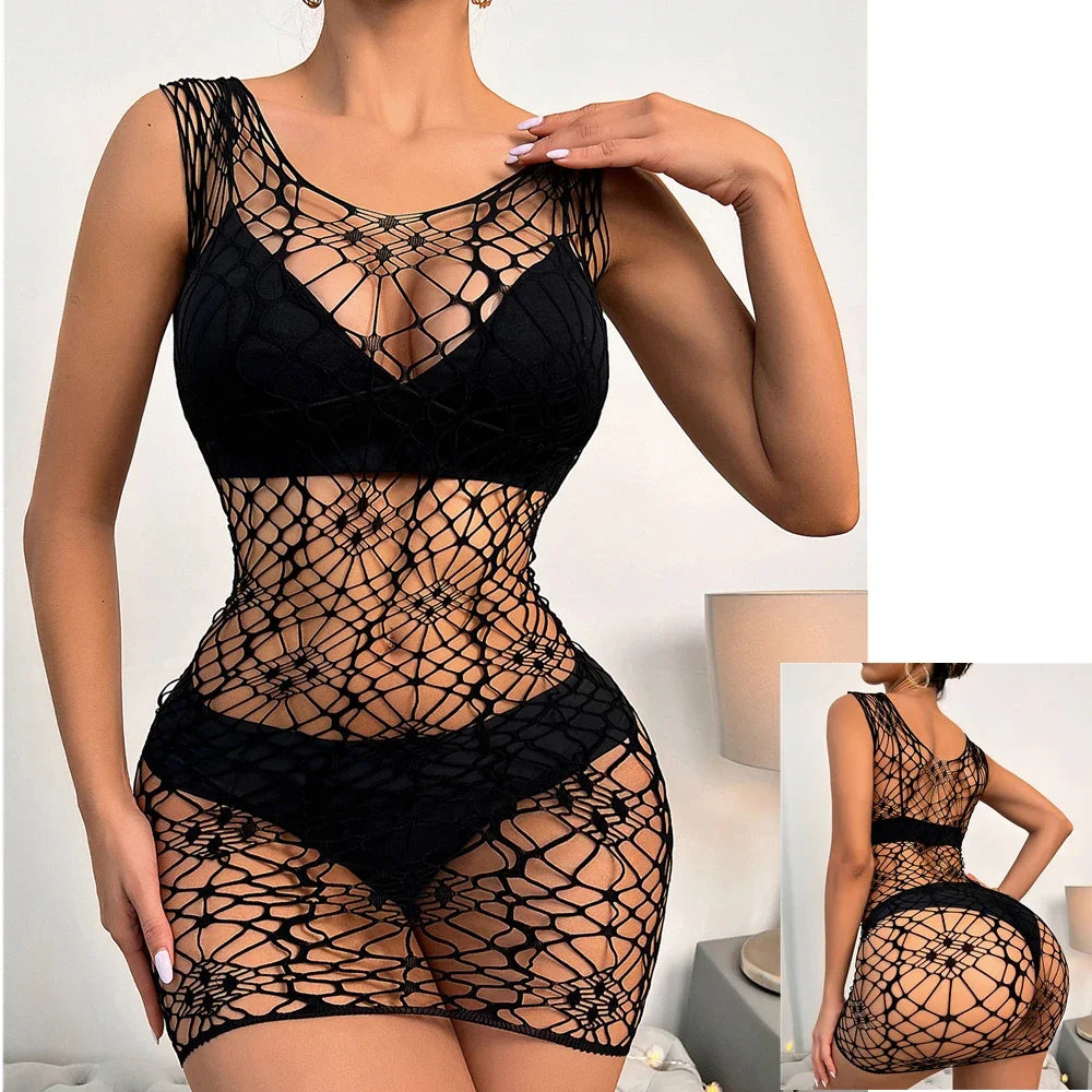 Sexy Women Elastic Lingerie Bodystocking Fishnet Hollow Dress Bodysuit Nightwear Bikini Cover Up Night Club Fantasy Erotic Wear