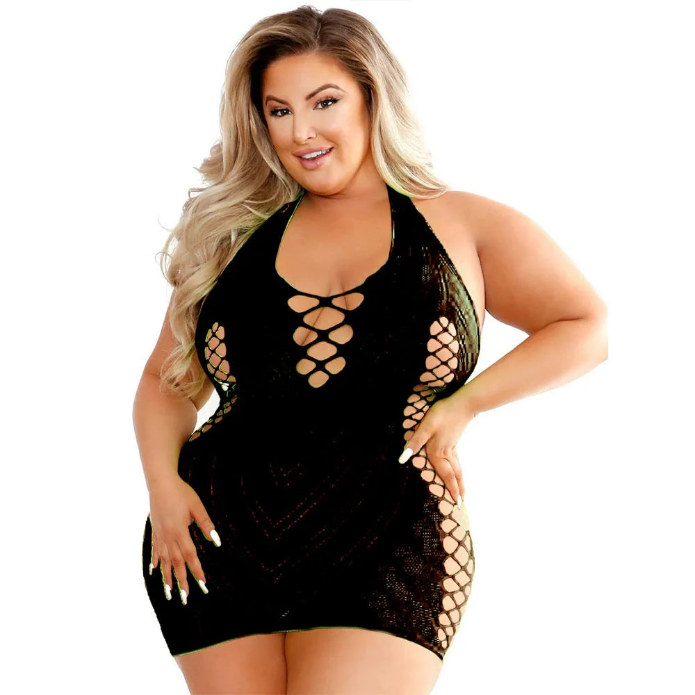 Pornographic Plus Size Sexy Clubwear Dresses Fishnet Bodycon Night Hot Dress Women Underwear Transparent Dress Erotic
