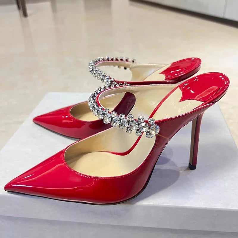 2025 new high heels patent leather pointed rhinestone fashion shoes
