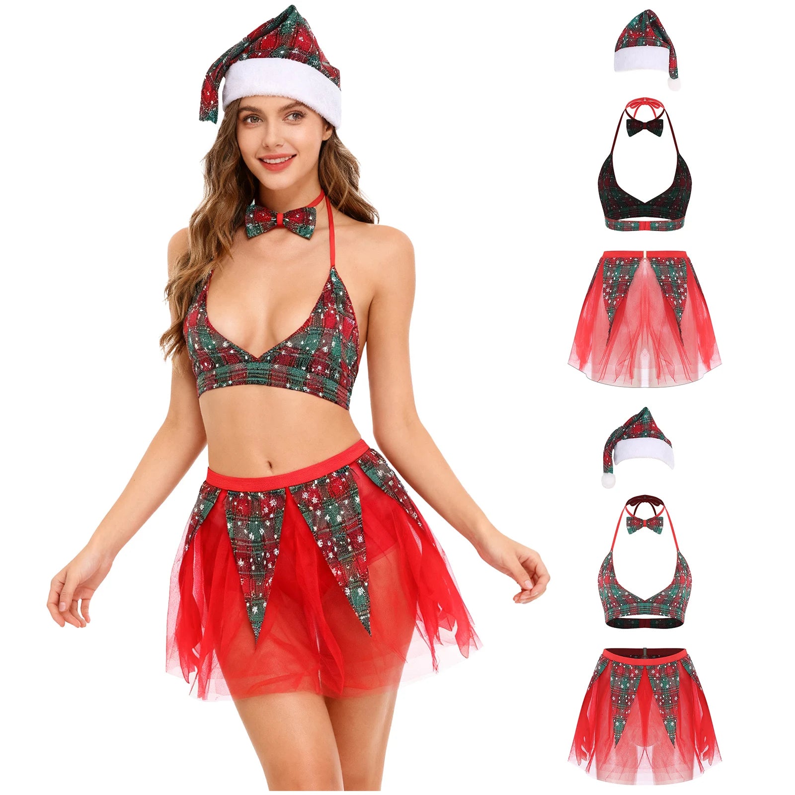 Womens Christmas Xmas Santa Claus Cosplay Lingerie Costume Set Halter Bra Top with Tulle Miniskirt Bowtie and Christmas Hat