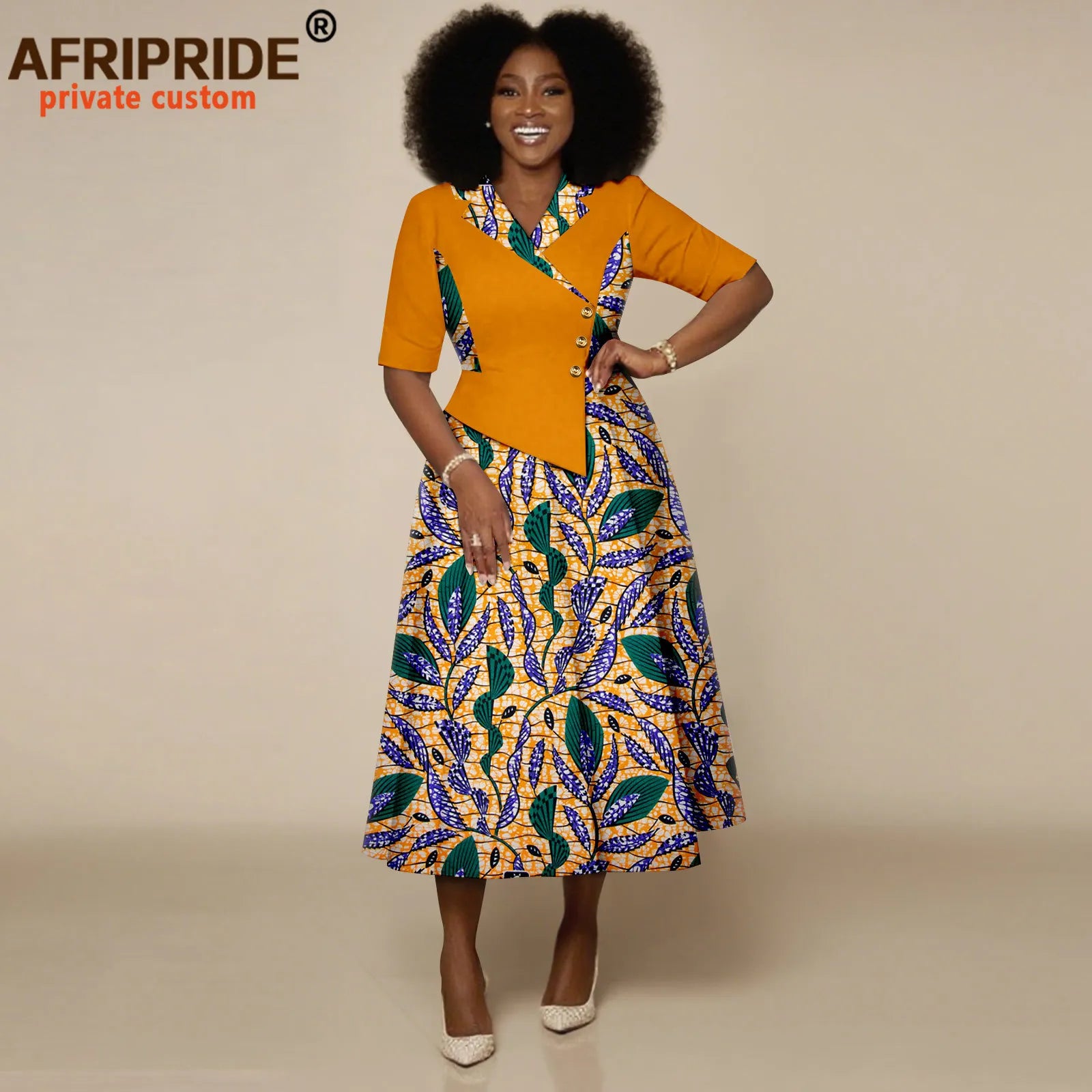 African Dresses for Women Half Sleeve High Waist Single Breasted Midi Dress Ankara Attire Print Party Outfits for Lady 2525132