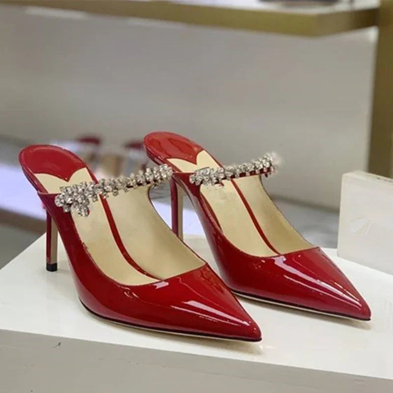 2025 new high heels patent leather pointed rhinestone fashion shoes