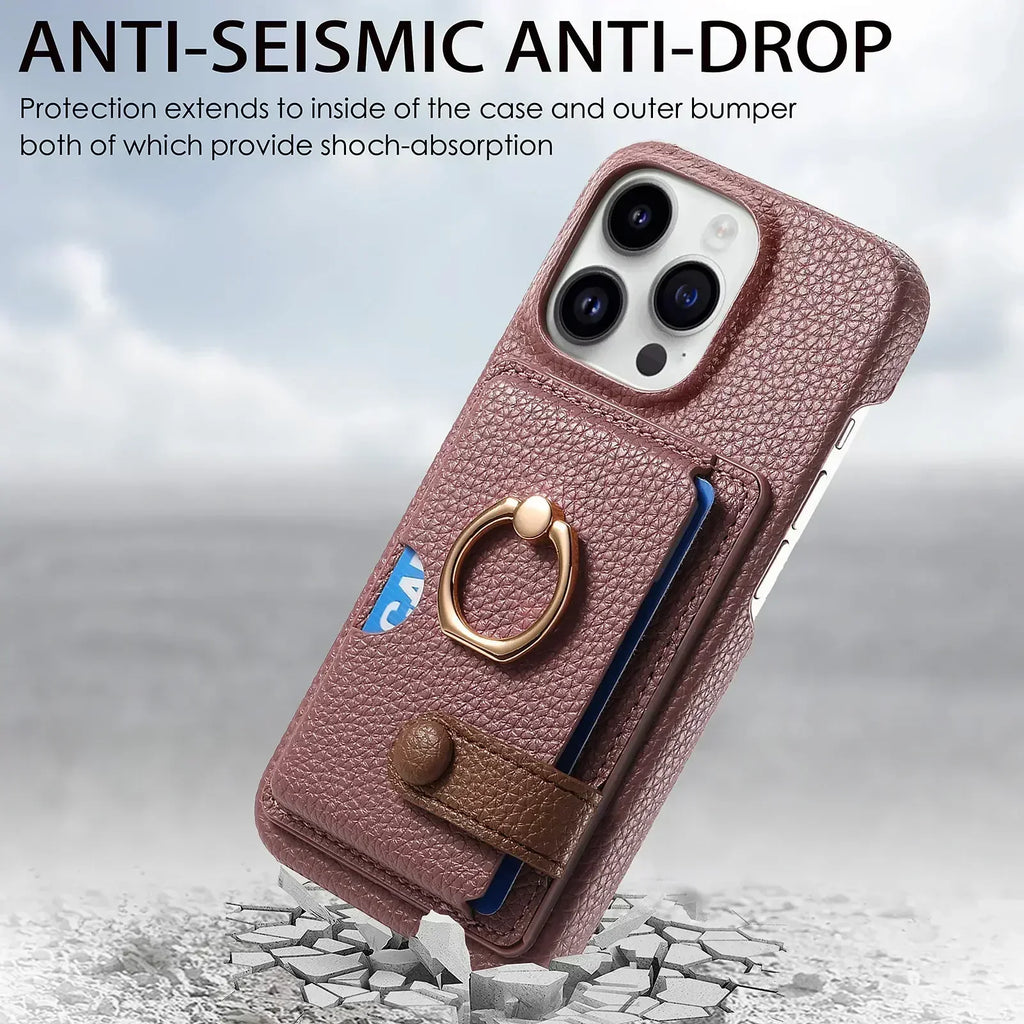 Leather Ring Support Phone Case for IPhone 13 12 Mini 16 15 Plus 14 11 Pro Max X XS Wallet with Card Holder Shockproof Cover