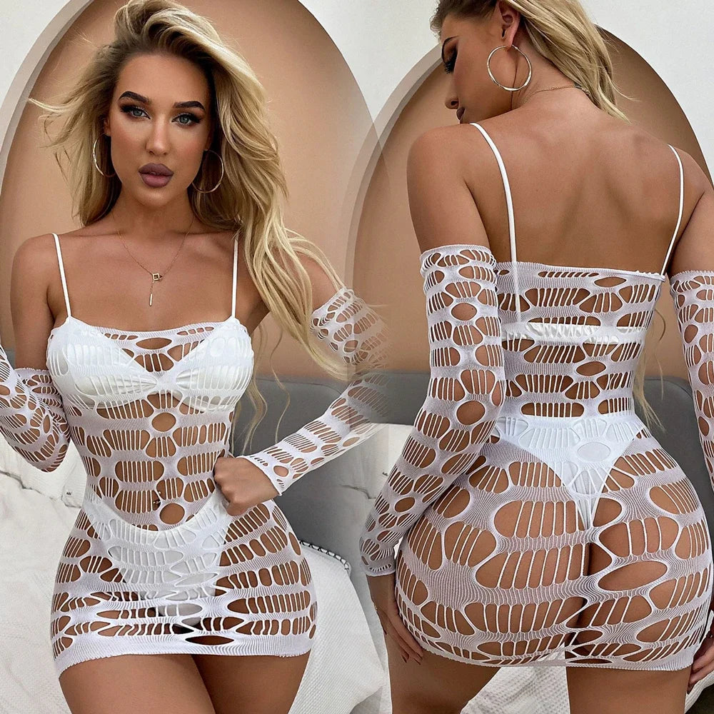 Sexy Women Elastic Lingerie Bodystocking Fishnet Hollow Dress Bodysuit Nightwear Bikini Cover Up Night Club Fantasy Erotic Wear
