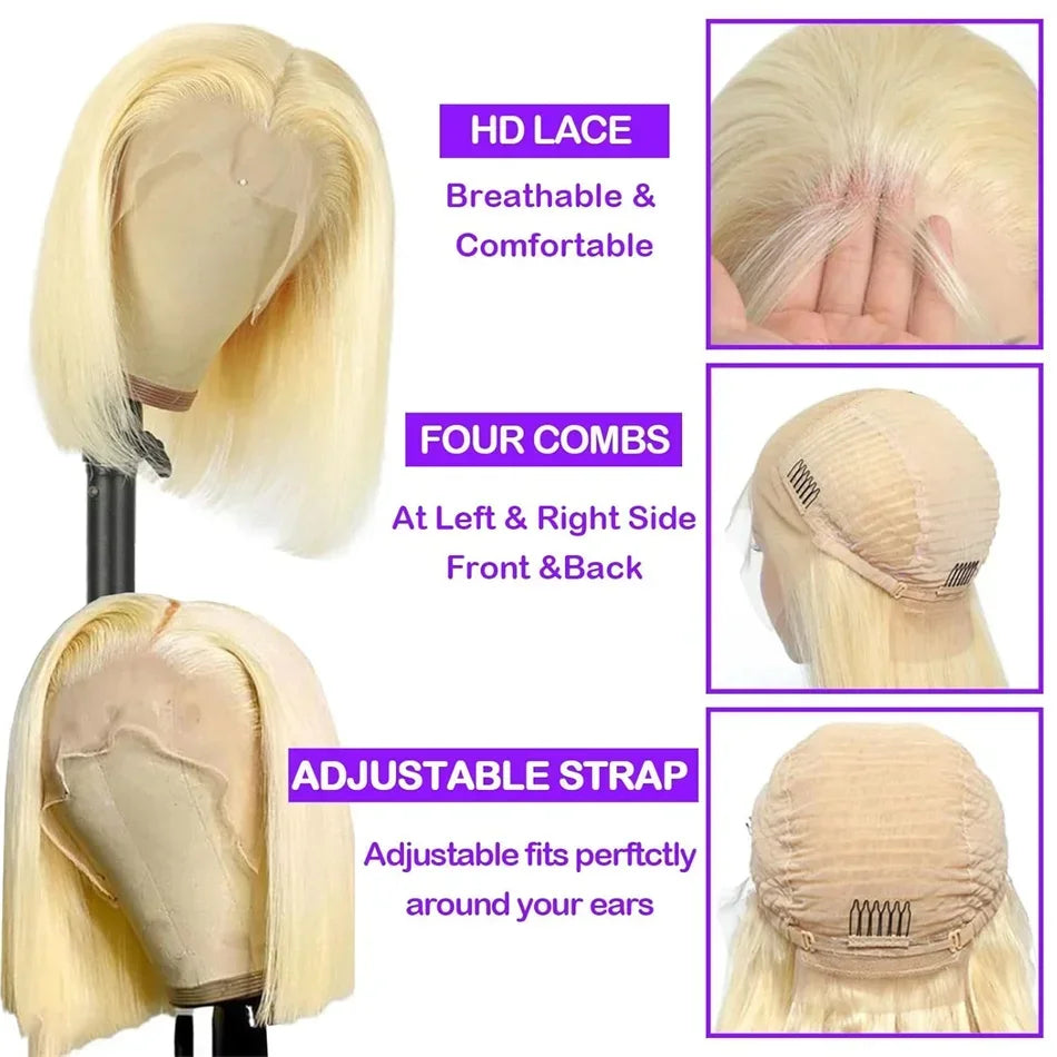 13x4 Blonde Bob Wig Lace Front Human Hair Wigs 613 Bone Straight HD Lace Frontal Wig 200% Honey Blonde Human Hair Short Bob Wigs