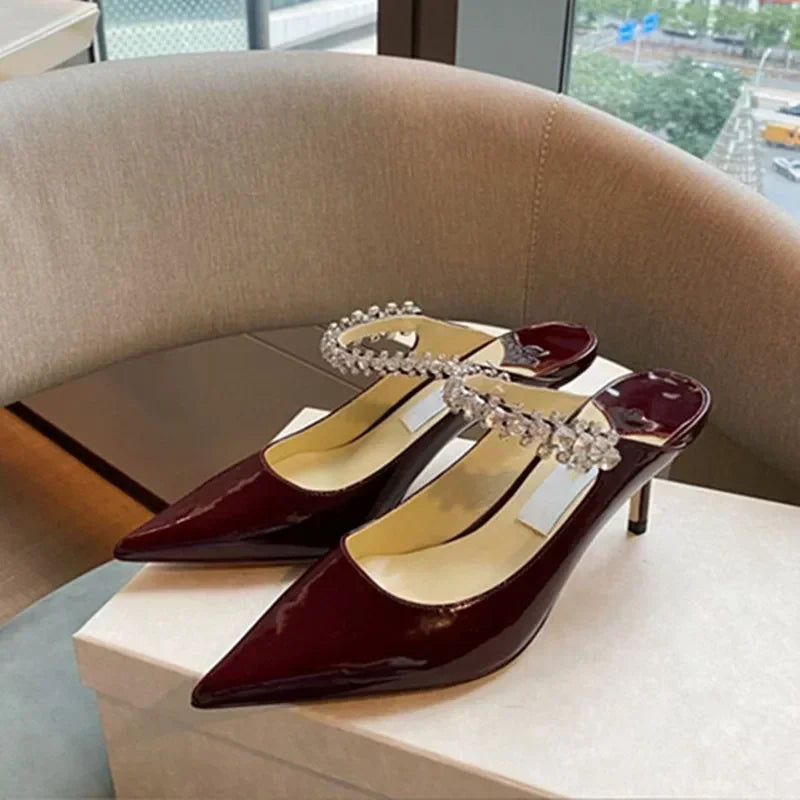 2025 new high heels patent leather pointed rhinestone fashion shoes