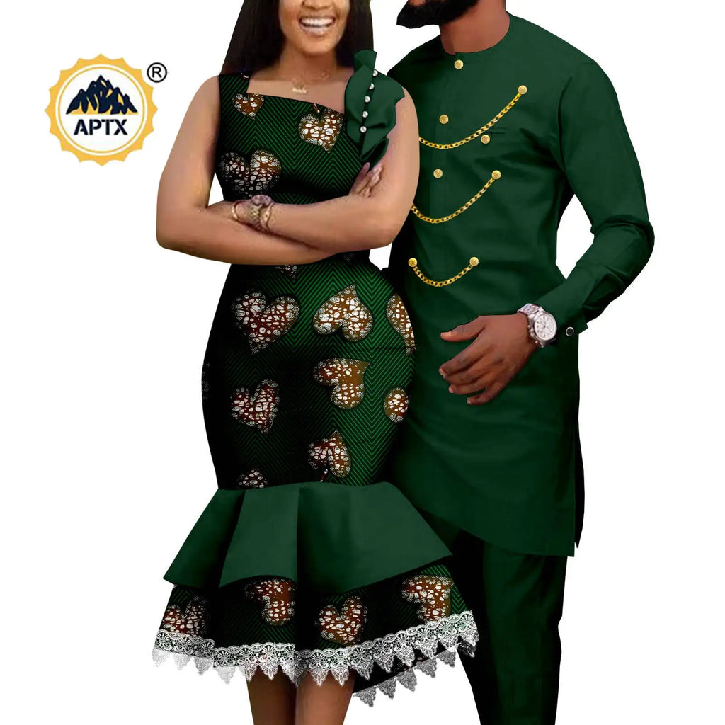 Dashiki African Slim Dresses for Women Matching Couple Outfits Men Chain Shirts and Pants Sets Wedding Party Clothes Y23C039