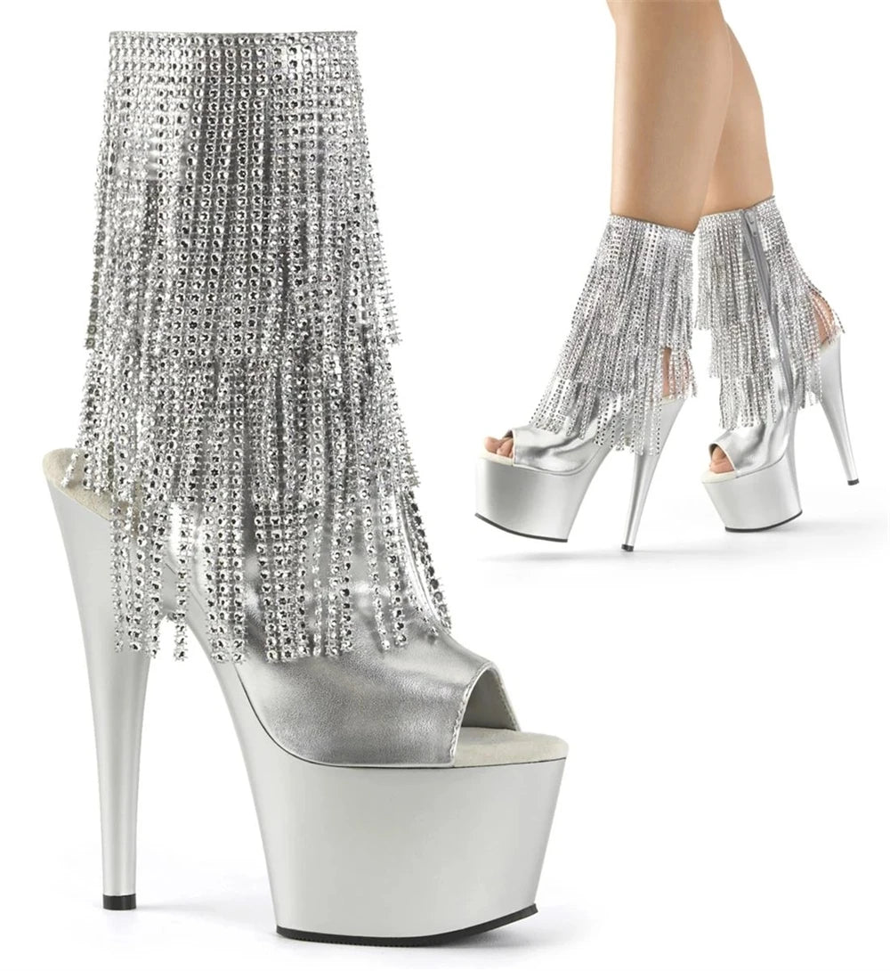 Brand Electroplated Tassels Pumps 17CM Thin High Heels Ankle Boots Pole Dance Nightclub Model Catwalk Platform Women's Shoes