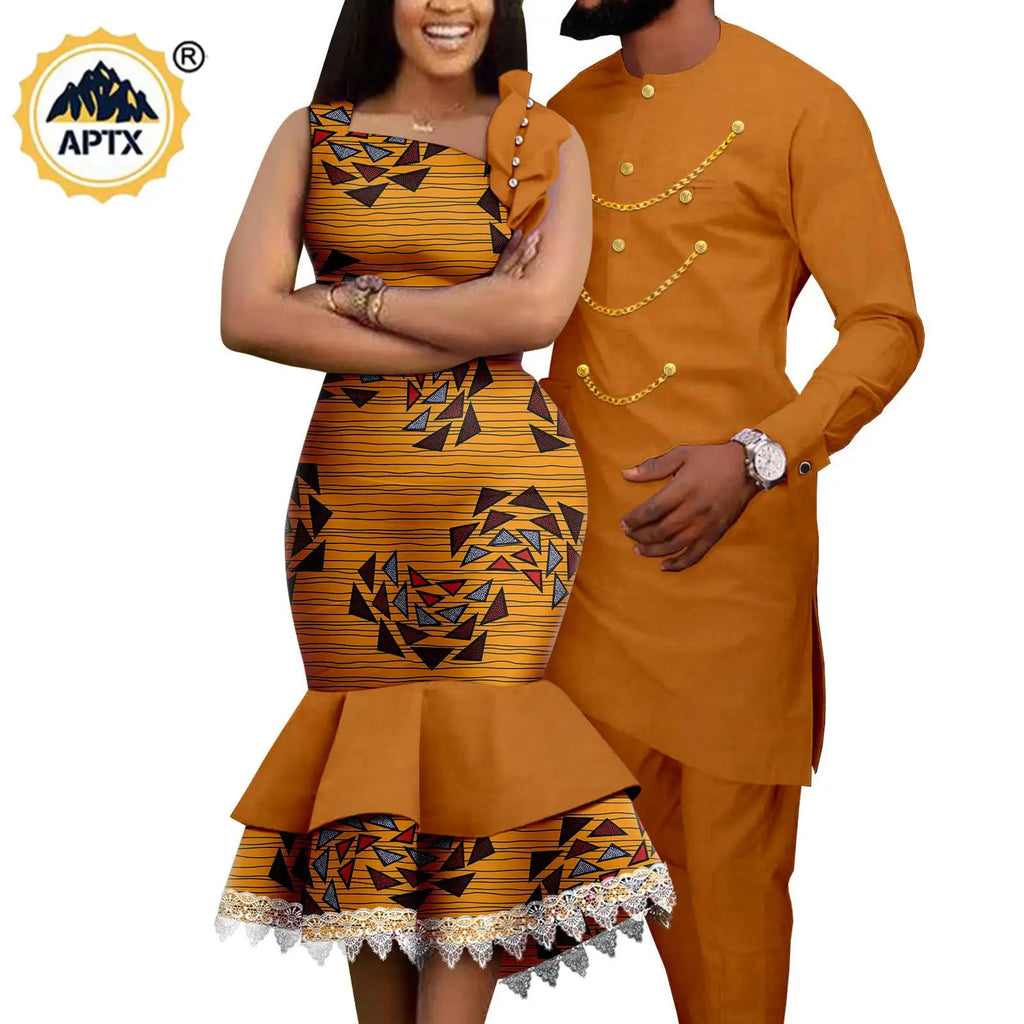 Dashiki African Slim Dresses for Women Matching Couple Outfits Men Chain Shirts and Pants Sets Wedding Party Clothes Y23C039