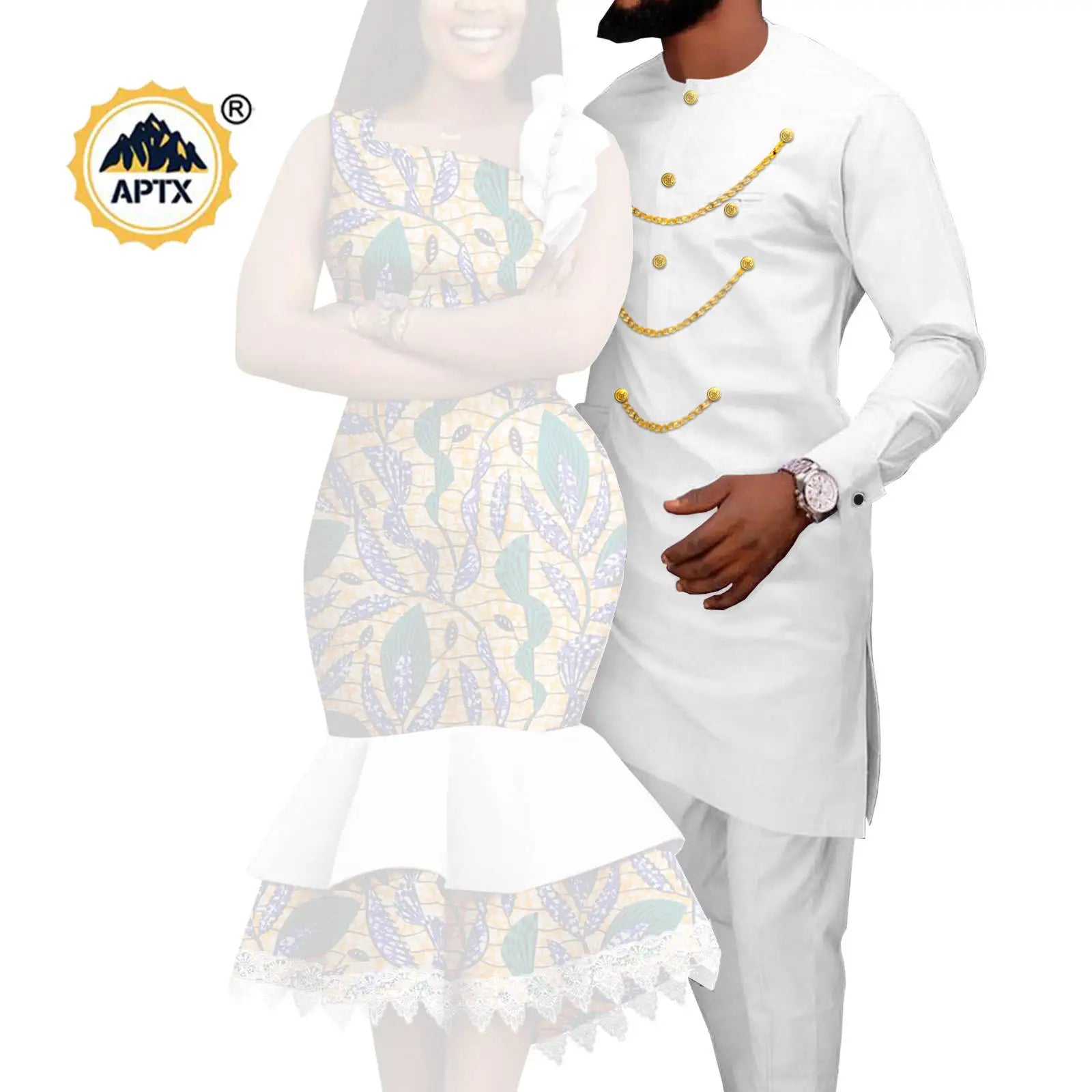 Dashiki African Slim Dresses for Women Matching Couple Outfits Men Chain Shirts and Pants Sets Wedding Party Clothes Y23C039