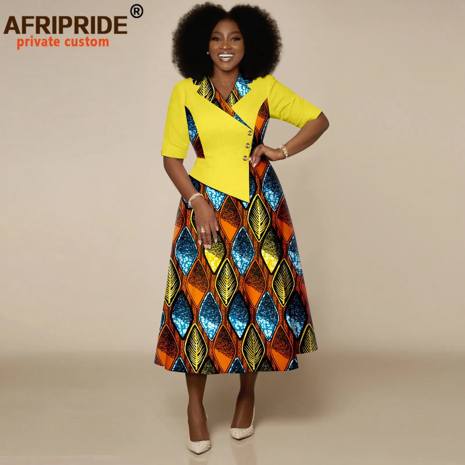 African Dresses for Women Half Sleeve High Waist Single Breasted Midi Dress Ankara Attire Print Party Outfits for Lady 2525132