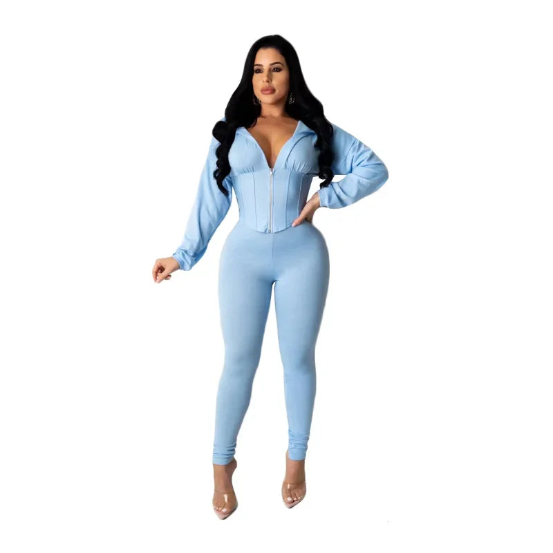 2024 European and American Women's Zippered Hooded Cardigan Pants Fashion Sports Set