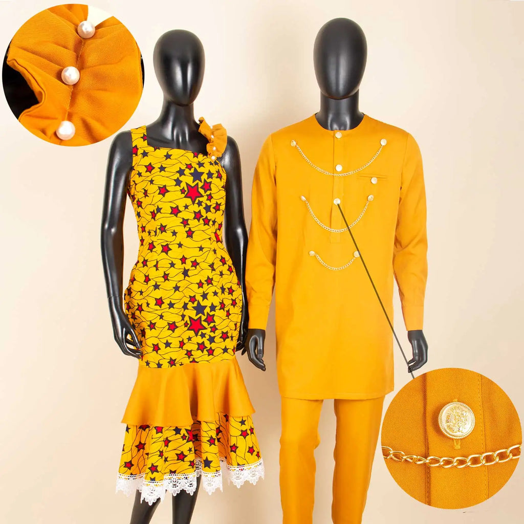 Dashiki African Slim Dresses for Women Matching Couple Outfits Men Chain Shirts and Pants Sets Wedding Party Clothes Y23C039