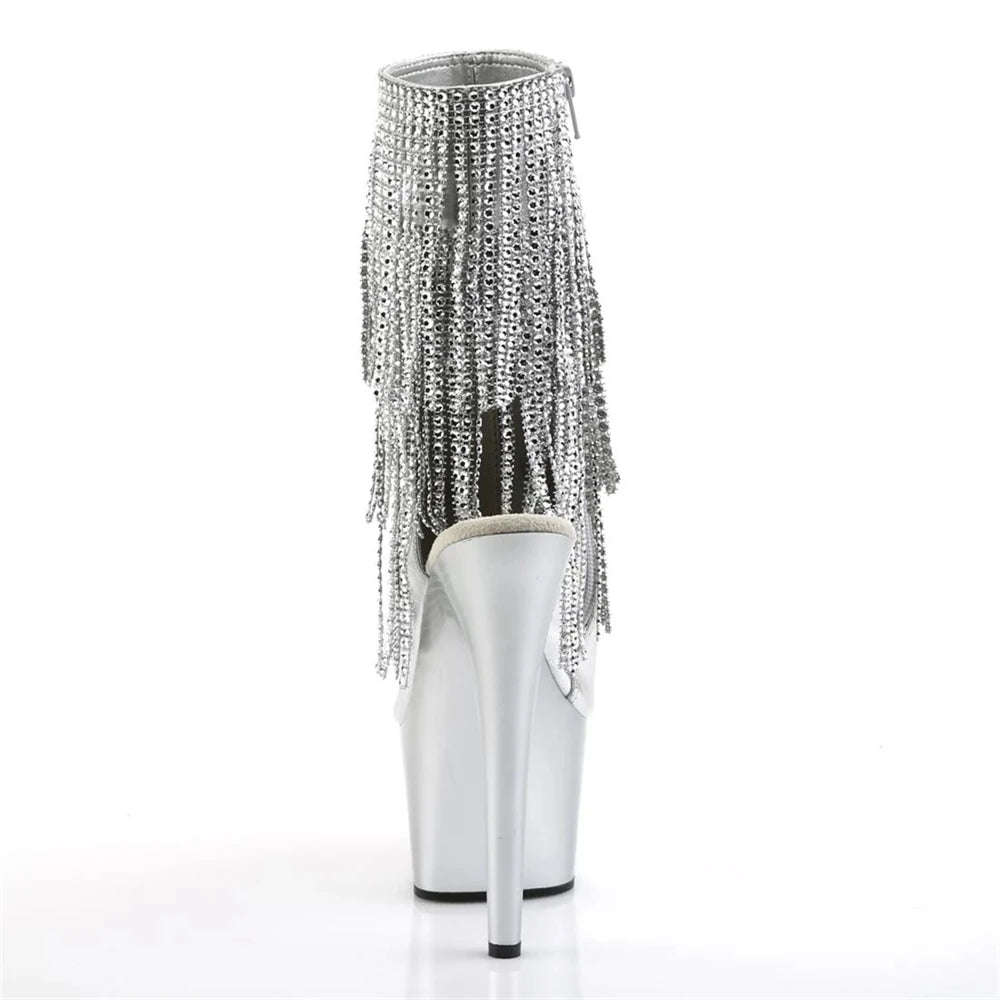 Brand Electroplated Tassels Pumps 17CM Thin High Heels Ankle Boots Pole Dance Nightclub Model Catwalk Platform Women's Shoes