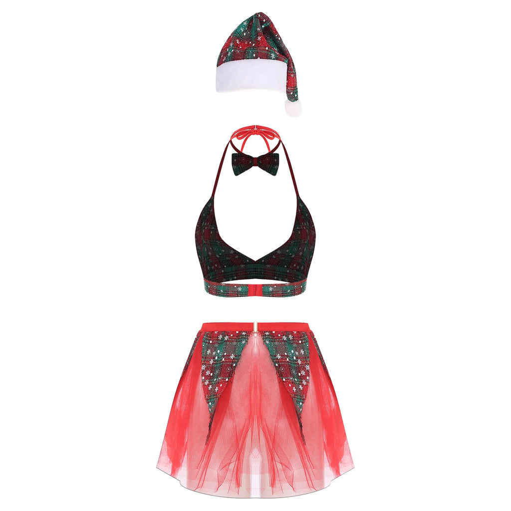 Womens Christmas Xmas Santa Claus Cosplay Lingerie Costume Set Halter Bra Top with Tulle Miniskirt Bowtie and Christmas Hat